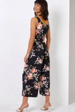 Roman Black Floral Stretch Cropped Leg Jumpsuit