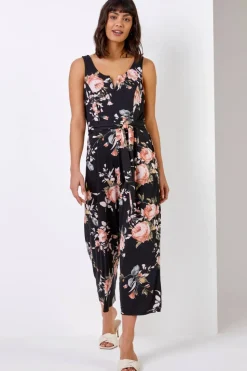Roman Black Floral Stretch Cropped Leg Jumpsuit
