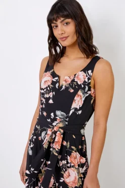 Roman Black Floral Stretch Cropped Leg Jumpsuit