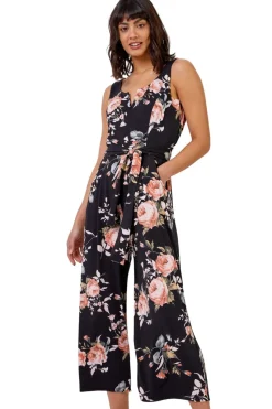 Roman Black Floral Stretch Cropped Leg Jumpsuit