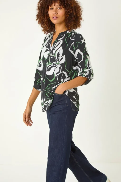 Roman Black Floral Textured Print Shirt