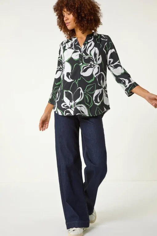 Roman Black Floral Textured Print Shirt