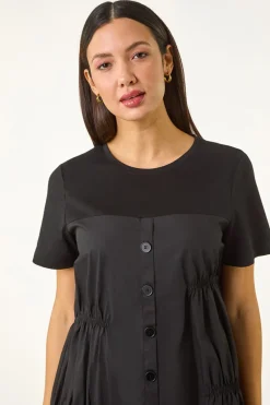 Roman Black Gathered Mix Smock Dress