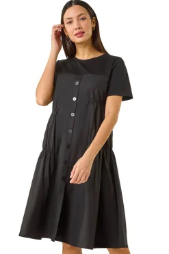 Roman Black Gathered Mix Smock Dress
