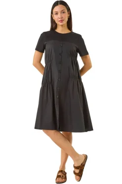 Roman Black Gathered Mix Smock Dress