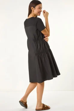 Roman Black Gathered Mix Smock Dress