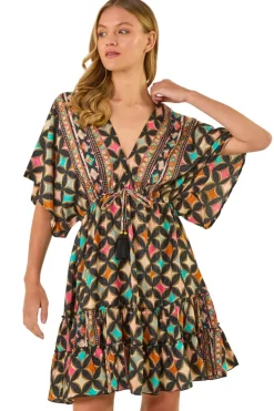 Roman Black Geometric Boho Print V Neck Mini Dress