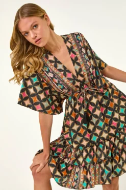 Roman Black Geometric Boho Print V Neck Mini Dress