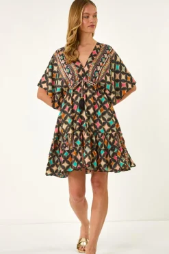 Roman Black Geometric Boho Print V Neck Mini Dress
