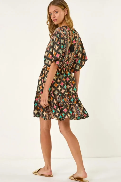 Roman Black Geometric Boho Print V Neck Mini Dress