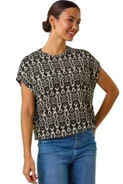 Roman Black Geometric Ikat Print Bubble Hem Top