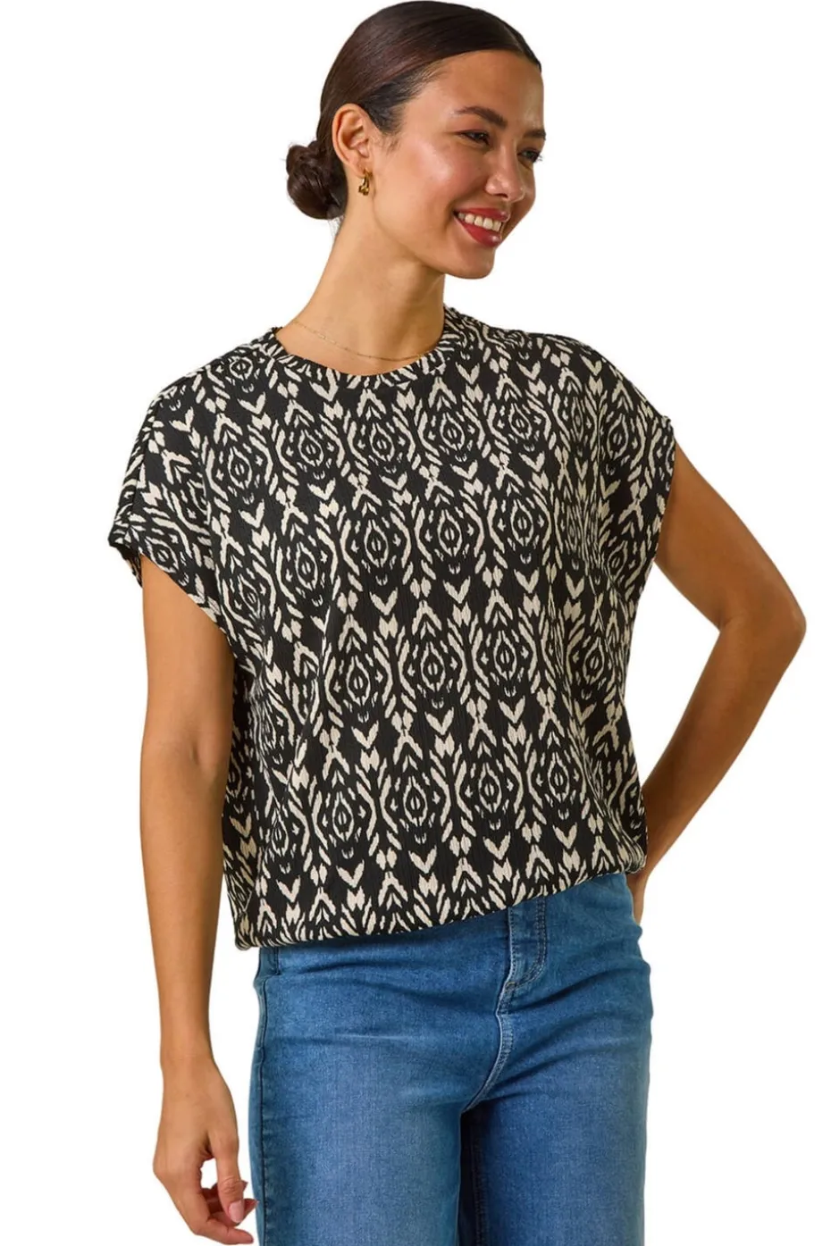 Roman Black Geometric Ikat Print Bubble Hem Top