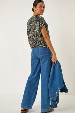 Roman Black Geometric Ikat Print Bubble Hem Top