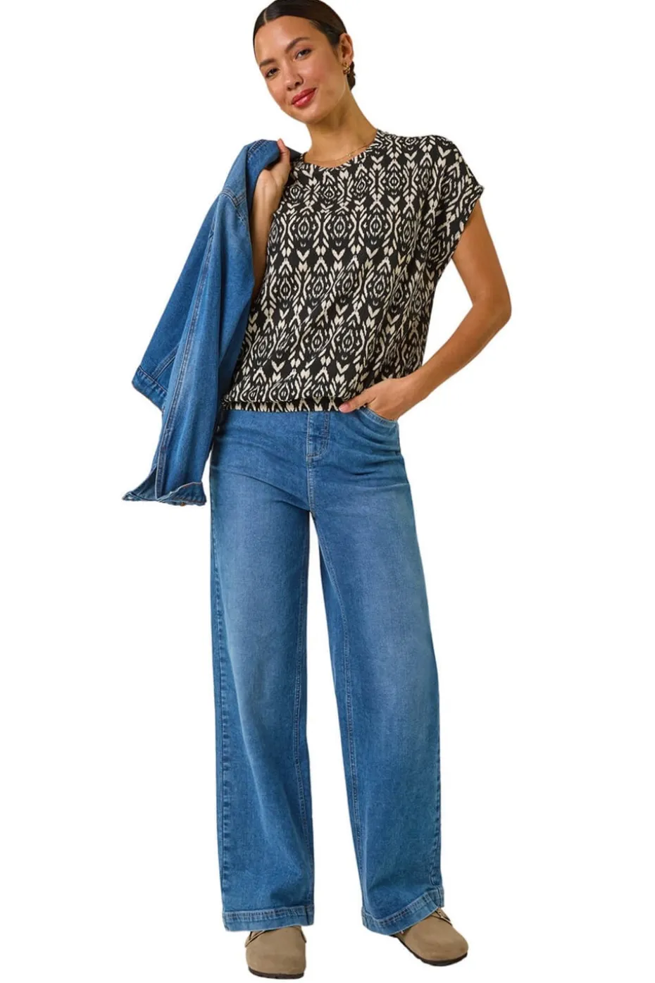 Roman Black Geometric Ikat Print Bubble Hem Top