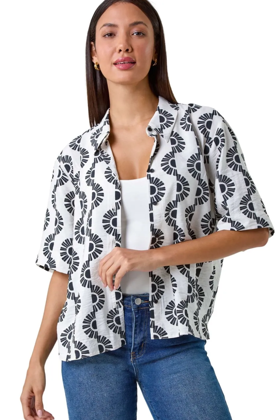 Roman Black Geometric Print Button Shirt