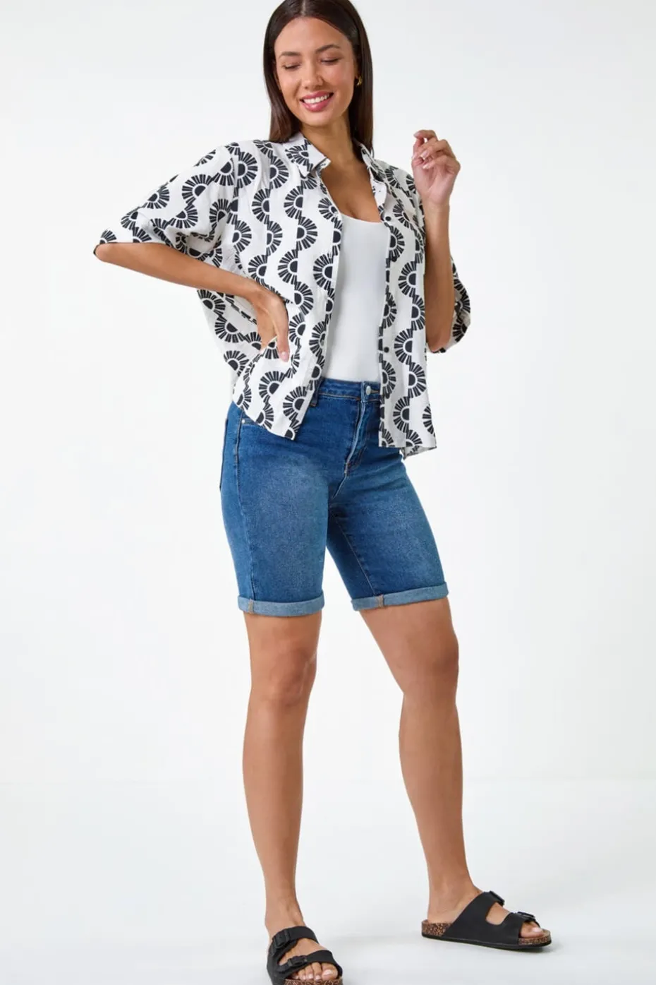 Roman Black Geometric Print Button Shirt