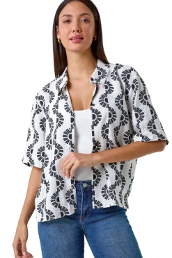 Roman Black Geometric Print Button Shirt