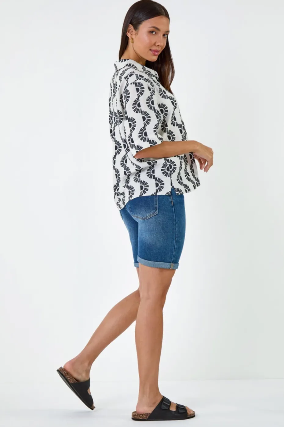 Roman Black Geometric Print Button Shirt