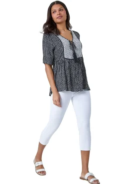 Roman Black Geometric Print Tassel Tie Smock Top