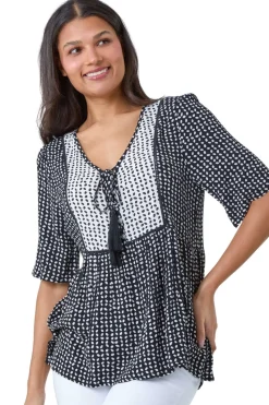 Roman Black Geometric Print Tassel Tie Smock Top