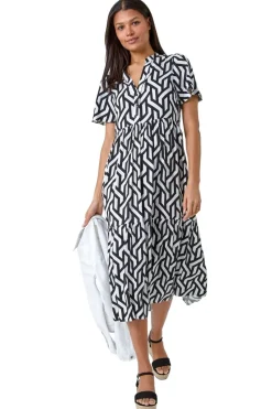 Roman Black Geometric Print Tiered Midi Dress