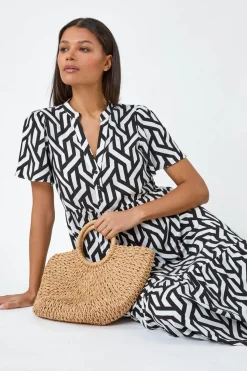Roman Black Geometric Print Tiered Midi Dress