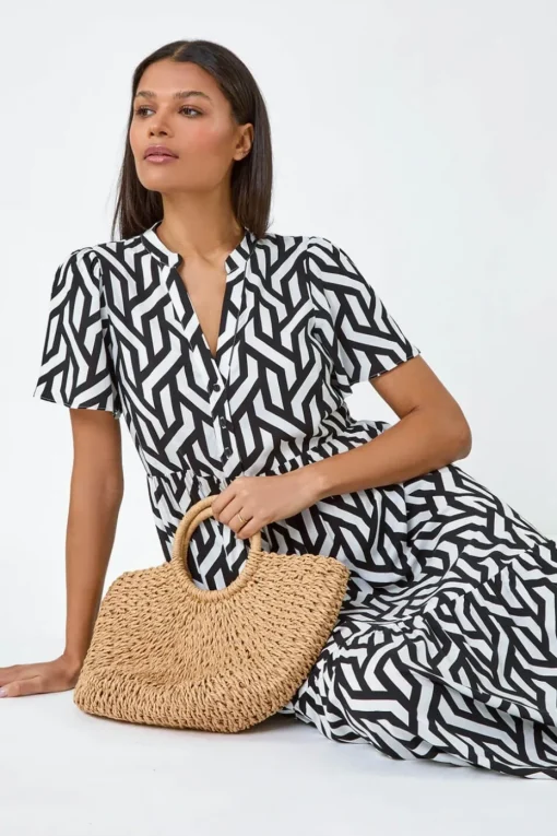 Roman Black Geometric Print Tiered Midi Dress