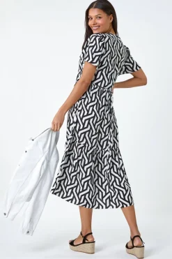 Roman Black Geometric Print Tiered Midi Dress