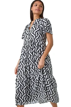 Roman Black Geometric Print Tiered Midi Dress
