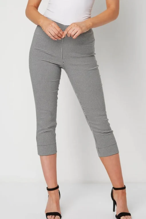 Roman Black Gingham Elastic Waist Stretch Cropped Trouser