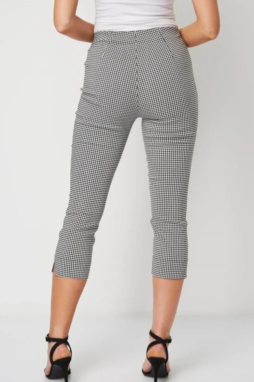 Roman Black Gingham Elastic Waist Stretch Cropped Trouser