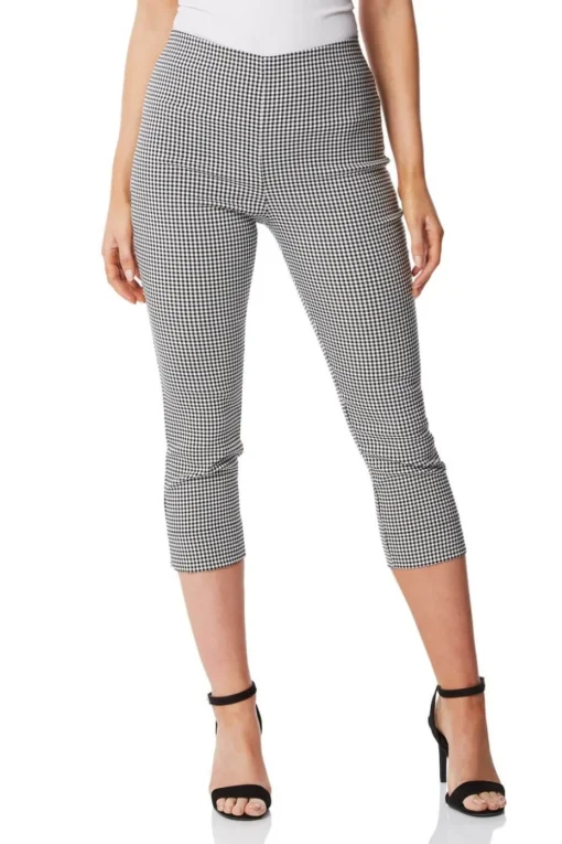 Roman Black Gingham Elastic Waist Stretch Cropped Trouser