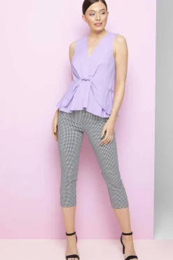 Roman Black Gingham Elastic Waist Stretch Cropped Trouser