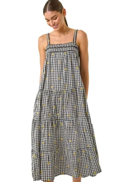 Roman Black Gingham Embroidered Midi Dress