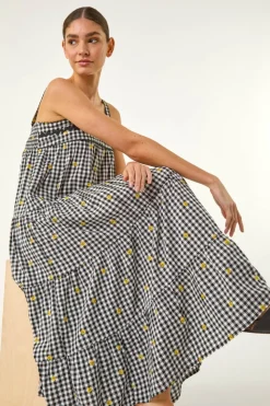 Roman Black Gingham Embroidered Midi Dress