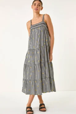 Roman Black Gingham Embroidered Midi Dress
