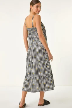 Roman Black Gingham Embroidered Midi Dress