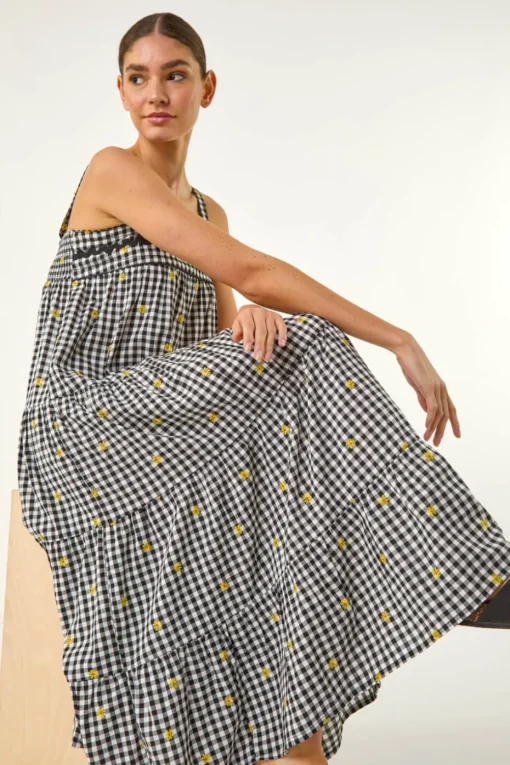 Roman Black Gingham Embroidered Midi Dress