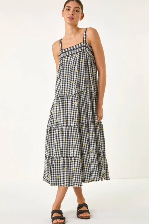 Roman Black Gingham Embroidered Midi Dress