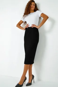 Roman Black Jersey Textured Elastic Waist Pencil Skirt