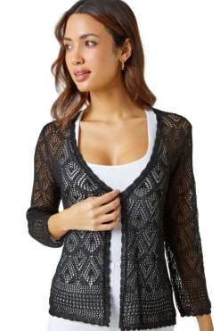 Roman Black Knitted Crochet Shimmer Shrug
