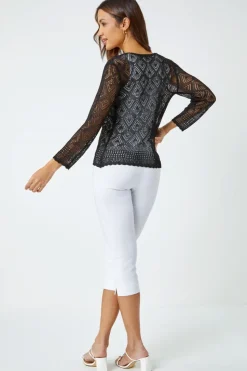 Roman Black Knitted Crochet Shimmer Shrug