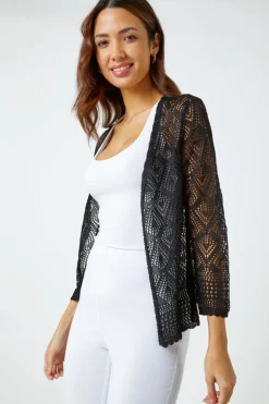 Roman Black Knitted Crochet Shimmer Shrug