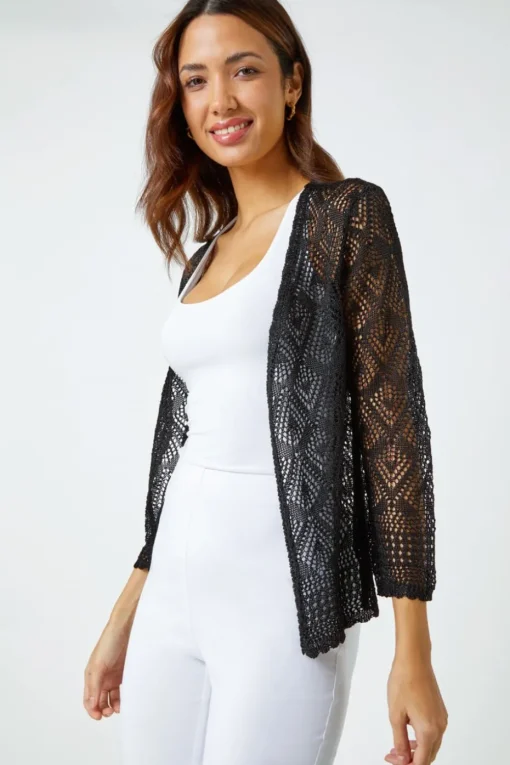 Roman Black Knitted Crochet Shimmer Shrug