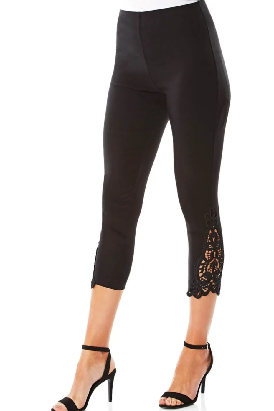 Roman Black Lace Insert Elastic Waist Crop Trousers