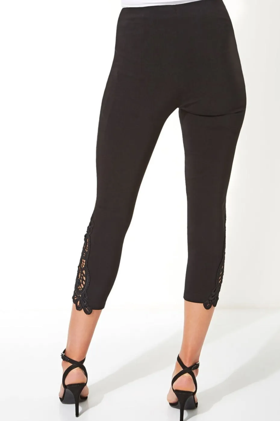 Roman Black Lace Insert Elastic Waist Crop Trousers