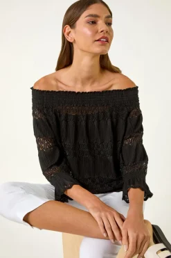 Roman Black Lace Insert Frill Bardot Top