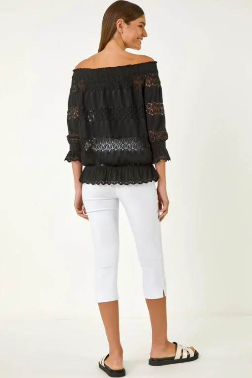 Roman Black Lace Insert Frill Bardot Top