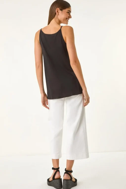 Roman Black Lace Trim Cami Stretch Top