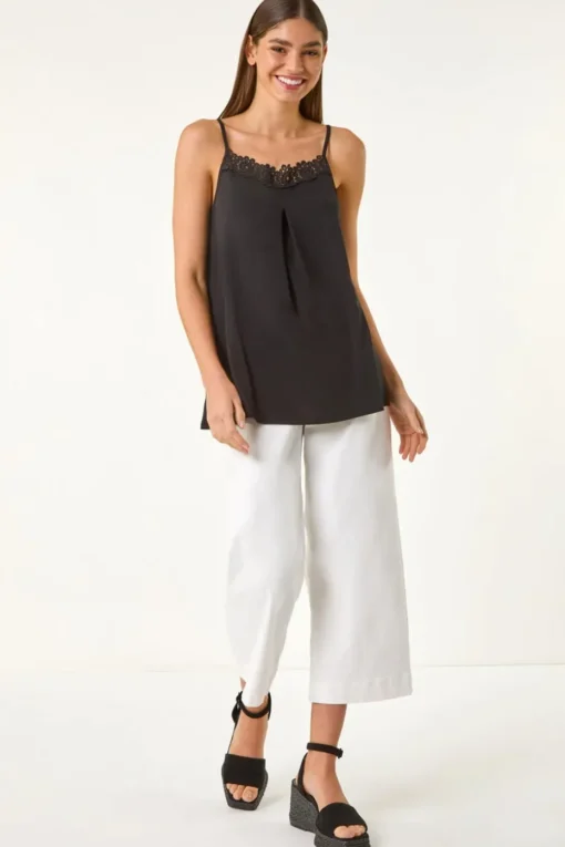 Roman Black Lace Trim Cami Stretch Top